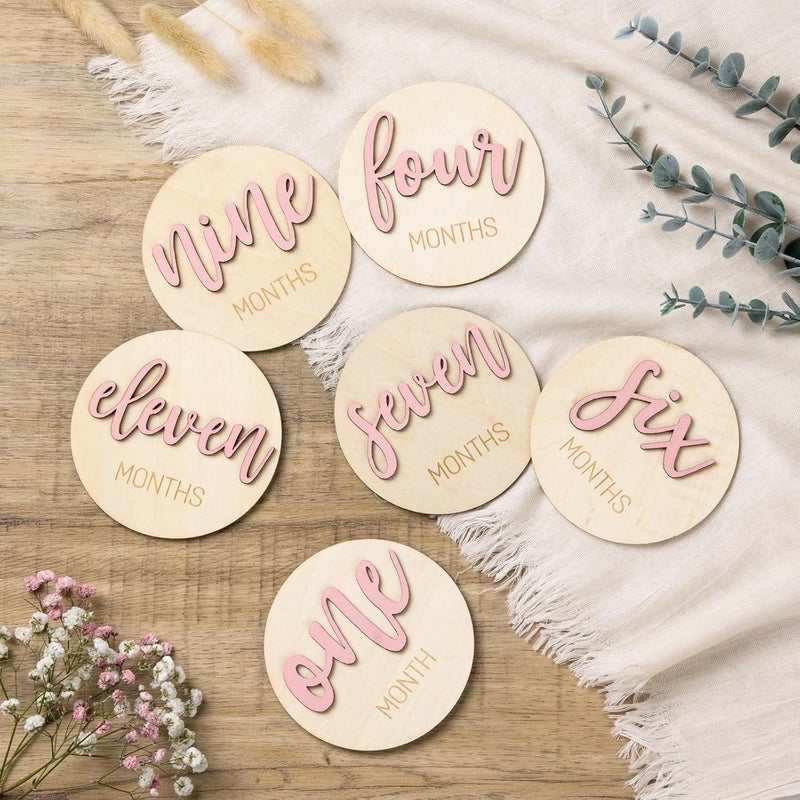 Giftacity Monthly Baby Girl Milestone Circles: Newborn Milestone Age Wooden Cards from 1-12 Months - Birth One Month Markers Discs for Girls Photo Props - Image 1